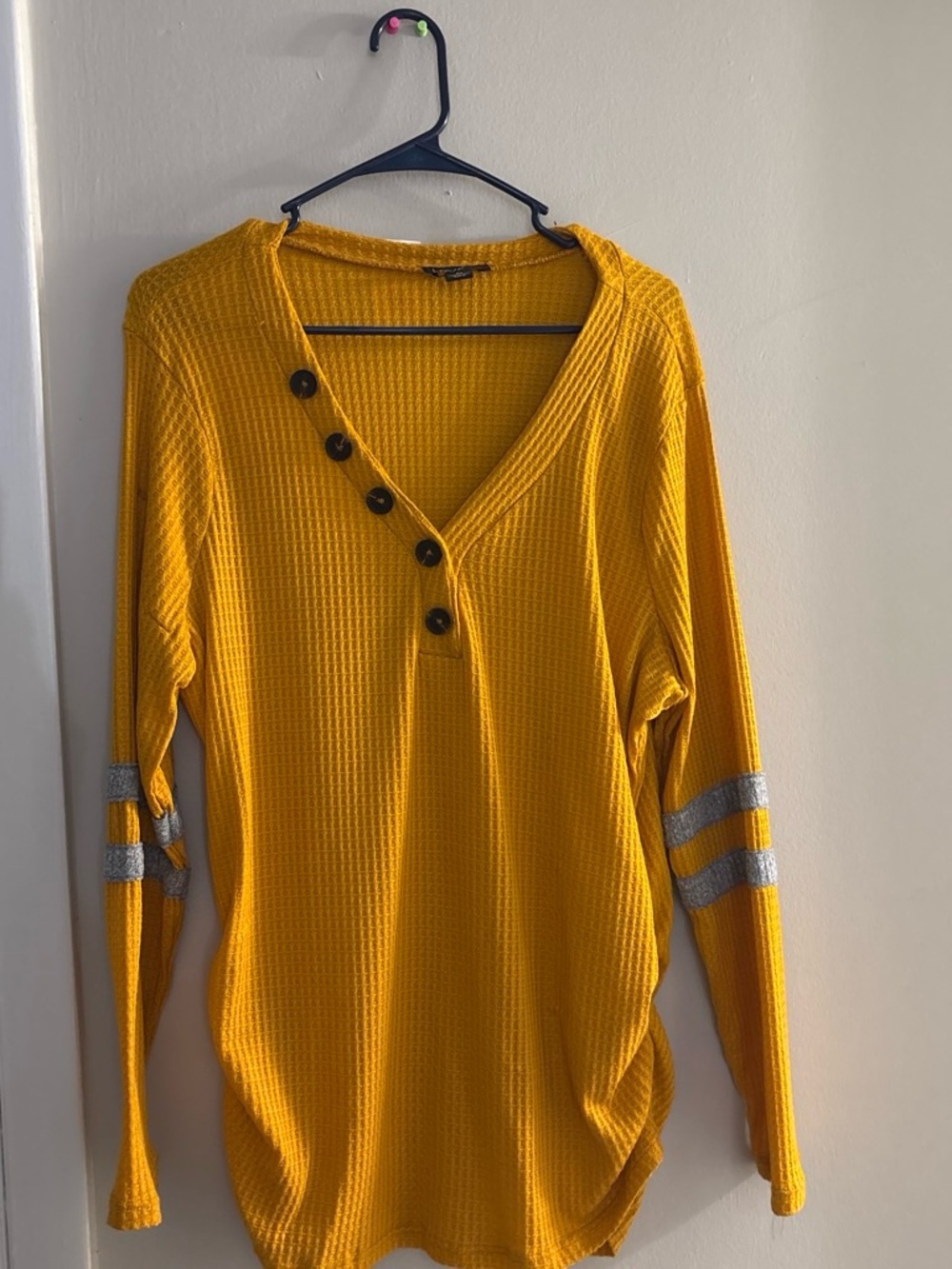 Love Mustard Yellow Waffle Knit Long Sleeve Top with Button V-Neck